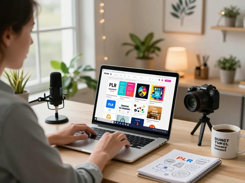 Buy PLR Digital Products in a cozy home office with vibrant eBooks displayed