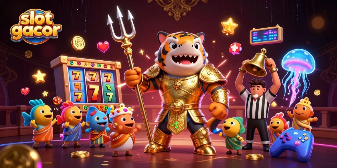 Engage in thrilling slot gacor excitement with a cartoon tiger shark in a dynamic underwater scene.
