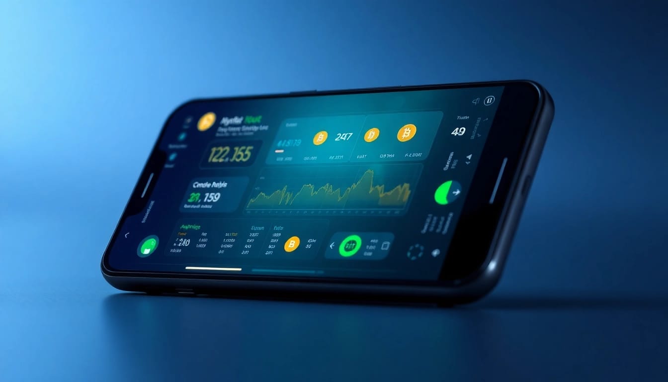 Crypto mining app interface showcasing renewable energy features and profitability tracking on a smartphone.