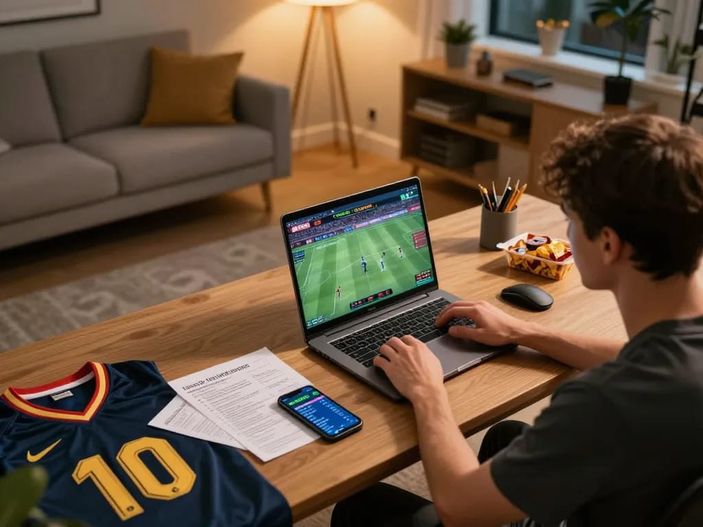 Player strategizing odds on nhacaiuytin while betting on sports in a cozy home office