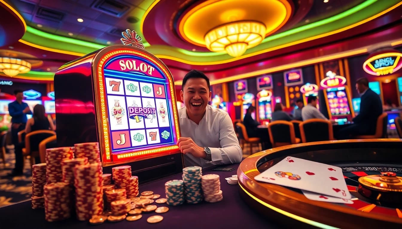 Pemain merayakan kemenangan di mesin slot yang menampilkan deposit slot 1K, dikelilingi chip kasino.