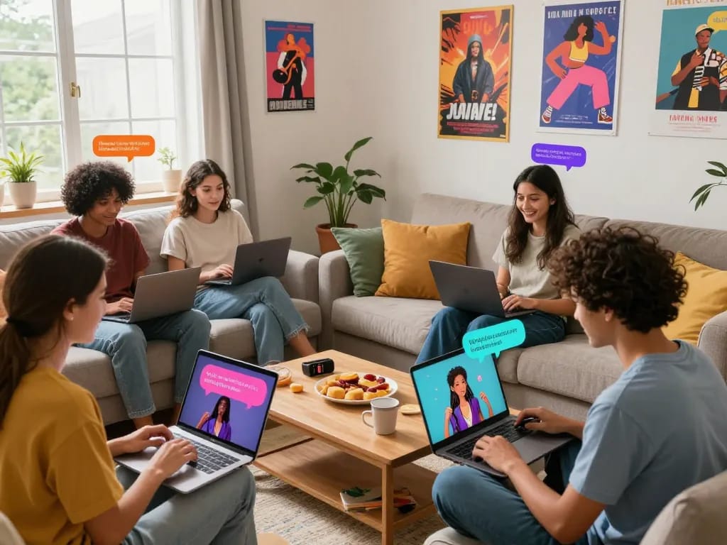 Engaging chat interactions with AI slut characters in a cozy living room.