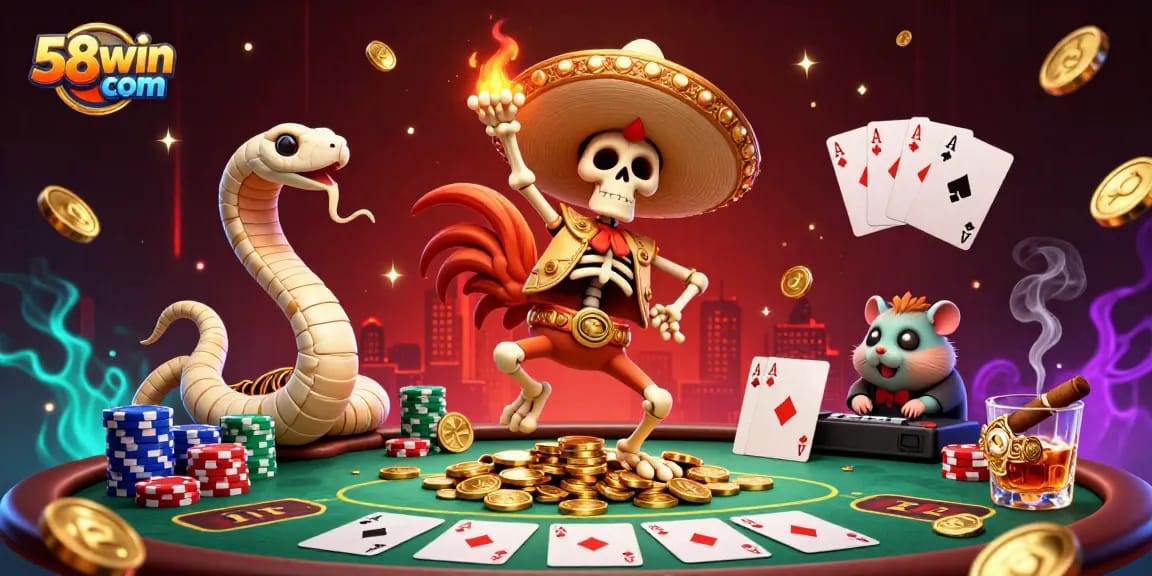 Engage with an energetic scene of 58win com featuring a mariachi rooster dancing on coins, surrounded by poker elements.