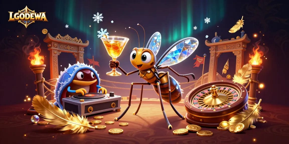 Spin the reels with LGODEWA's dynamic casino scene featuring vibrant characters and gaming elements.
