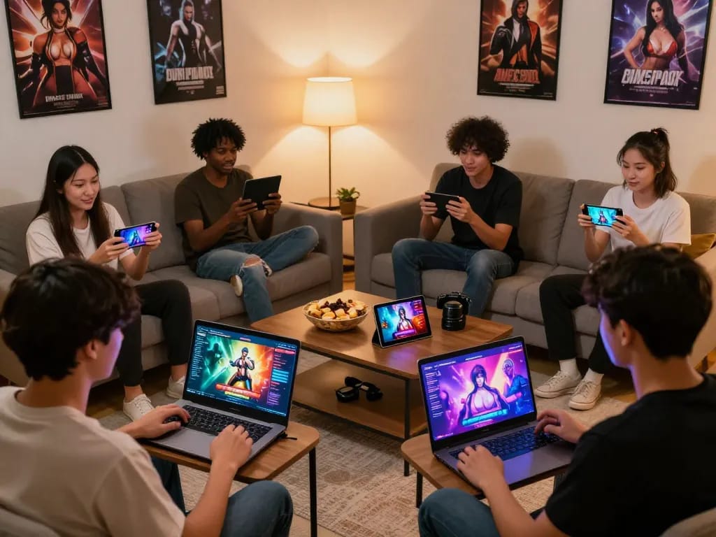 Group enjoying free porn game on various devices in a cozy living room