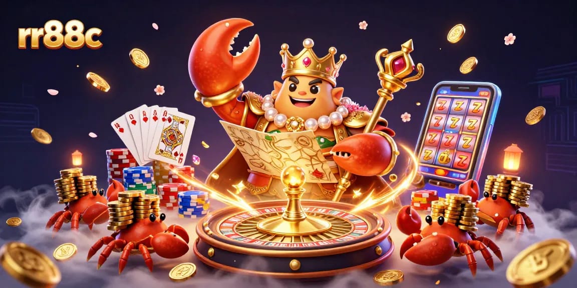 Enjoy thrilling gaming adventures with rr88c's golden crab emperor in a dynamic casino scene.