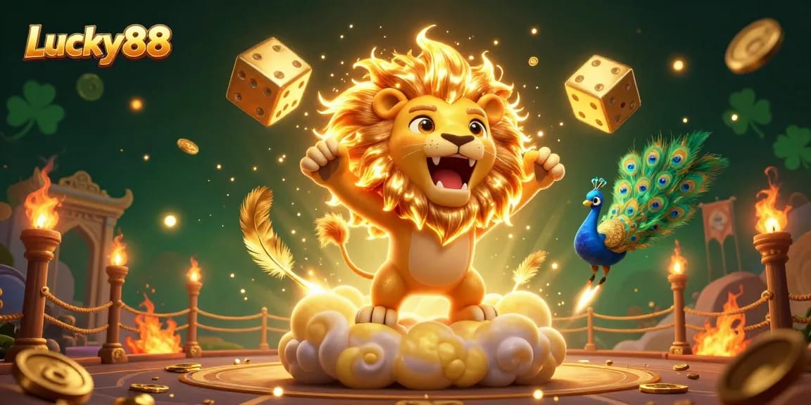Experience thrilling wins at Lucky88 with vibrant casino elements and a roaring sun lion.