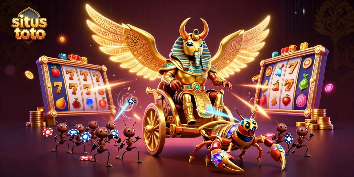 Experience vibrant situs toto slot action with a golden scarab and jewel scorpions in a dynamic casino scene.