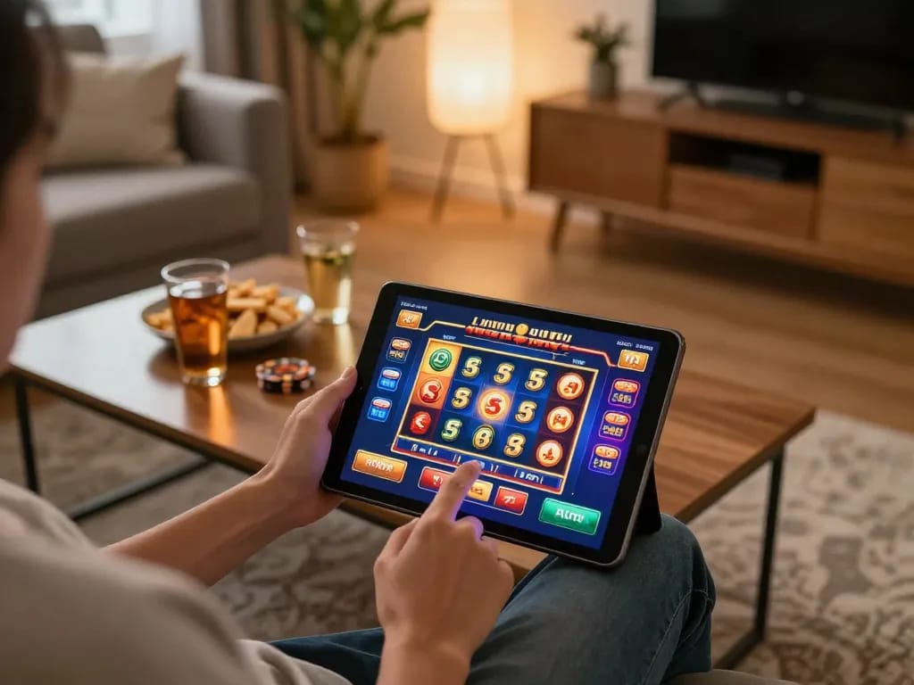 Engaging online gaming session at home using tablet for casino game at https://56win.bid/