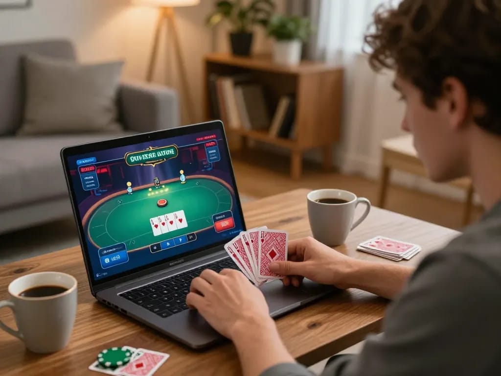 Engaged player using a laptop for online casinos in Canada reddit with a cozy home setup.