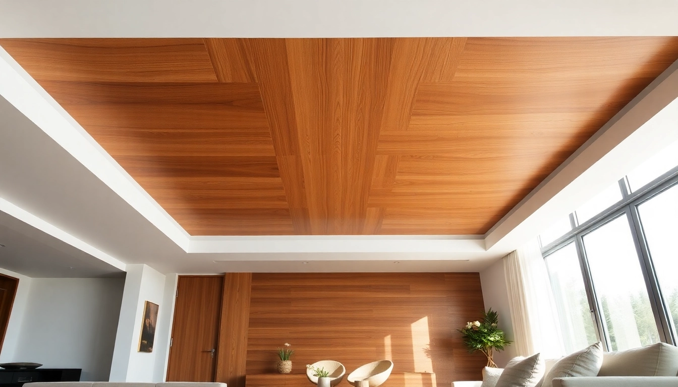 Elevated view of wood panels for ceilings enhancing a modern living room.