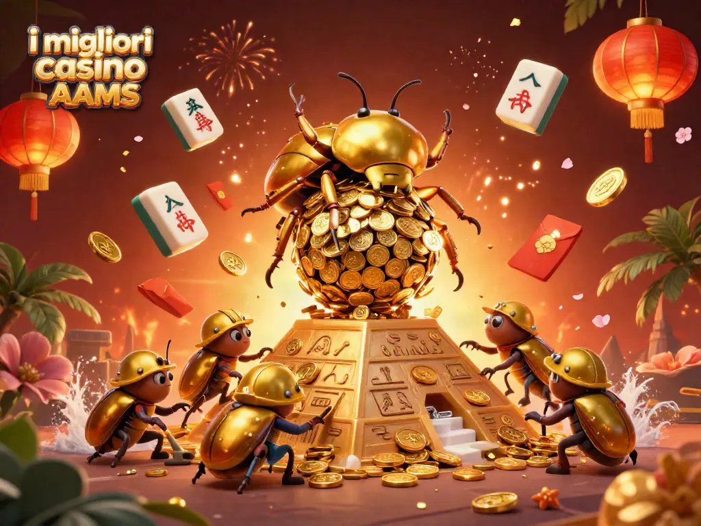 Scopri i migliori casino non AAMS mentre uno scarabeo dorato rotola una palla d'oro tra simboli casinò.