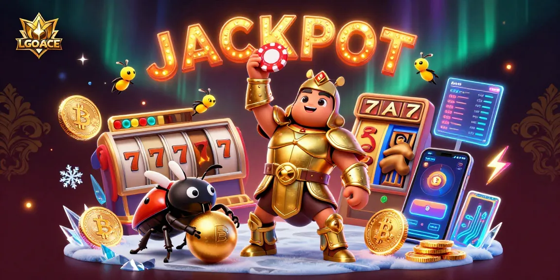 LGOACE invites players to win big with vibrant slot games amidst a joyful, cartoonish scene.