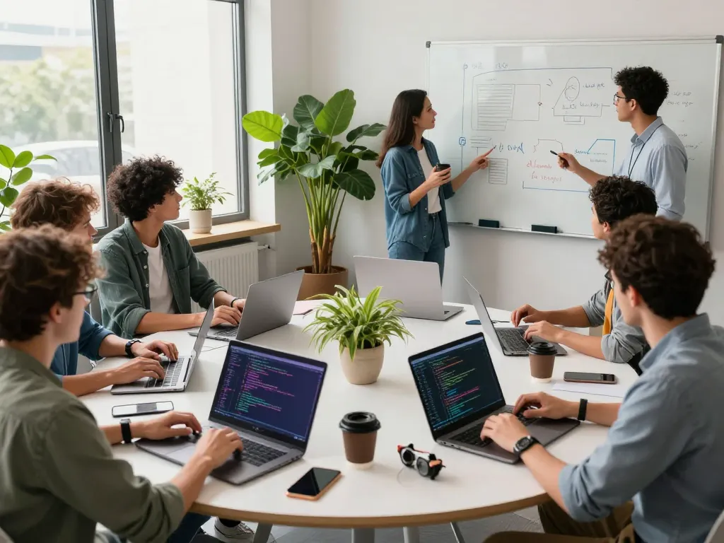 Team collaboration in a modern tech workspace focused on Whynotvibe software development.