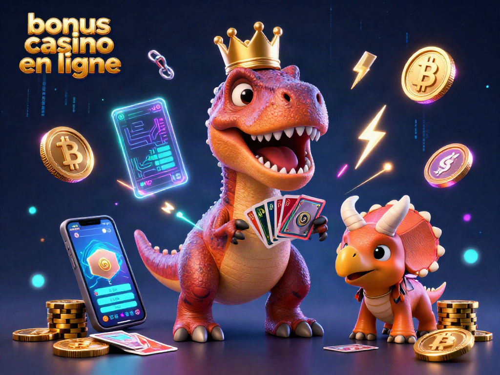 Jouez avec des bonus casino en ligne, T-Rex amusant et amis s'affairent aux cartes et aux jetons.
