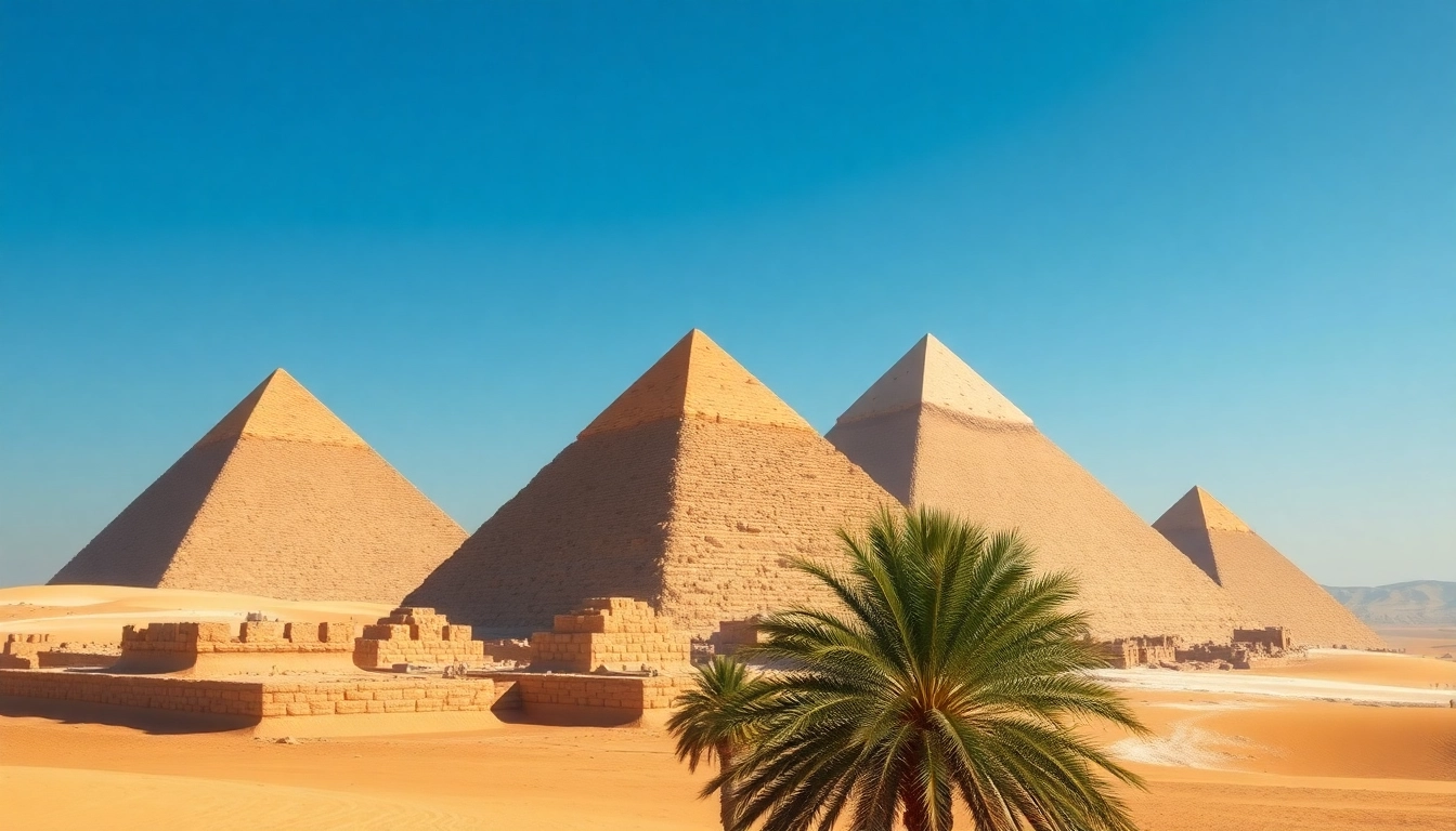 Pyramids at Giza standing majestically against the sky, showcasing historical significance and grandeur.