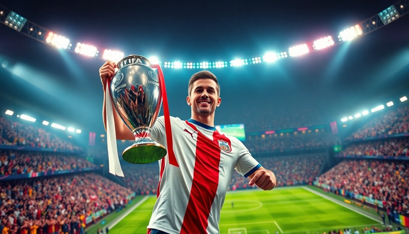 FIFA mistrz unosi trofeum na tle stadionu, wulkan energii i radości.