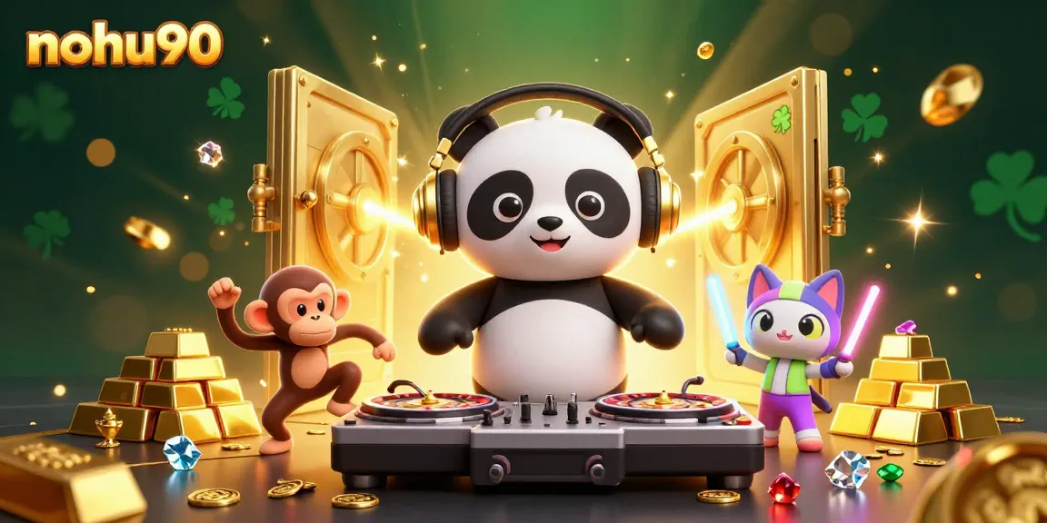 Engage in thrilling gameplay at nohu90 with a lively casino scene featuring dancing characters and sparkling treasures.