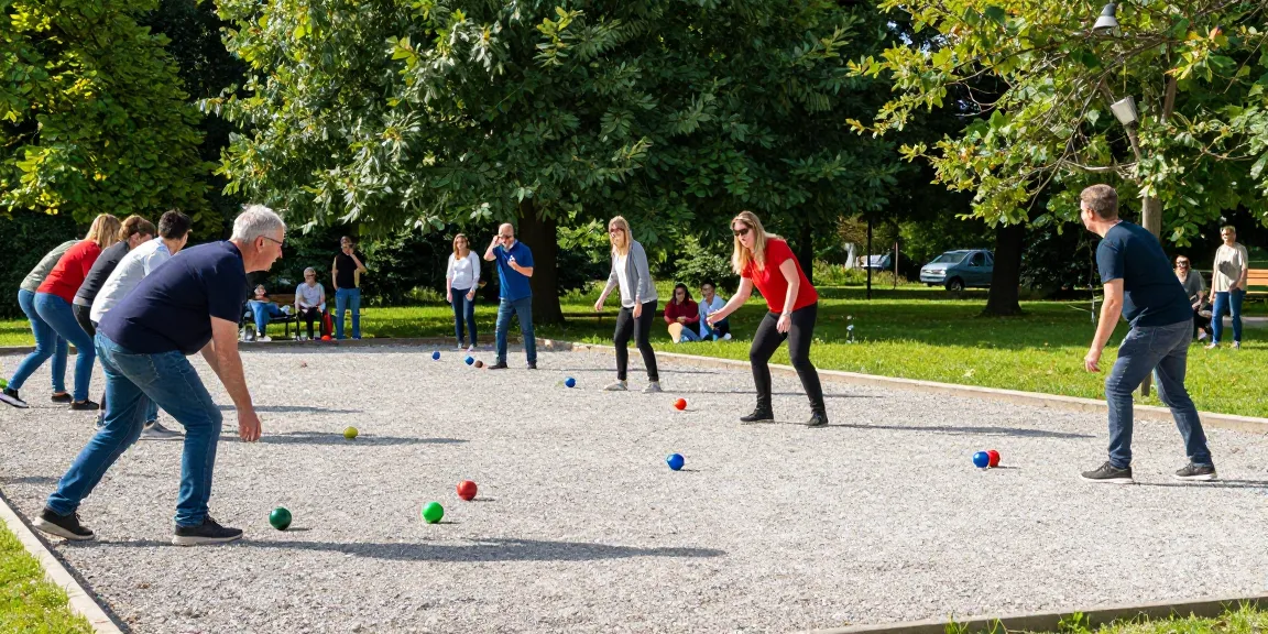 Aktivitas olahraga petanque di fopikotagorontal.org dengan pemain melempar boules di lapangan terbuka, suasana cerah dan energik.