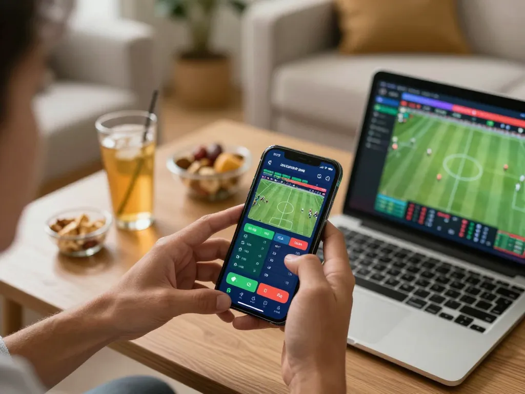 yowesjp mobile sports betting session with user engaging on a smartphone in a cozy home setup