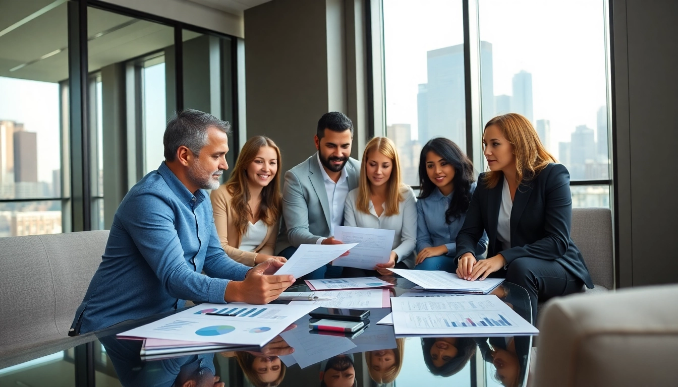 Consultants discussing Federal and State contracts in a modern office setting, promoting collaboration.