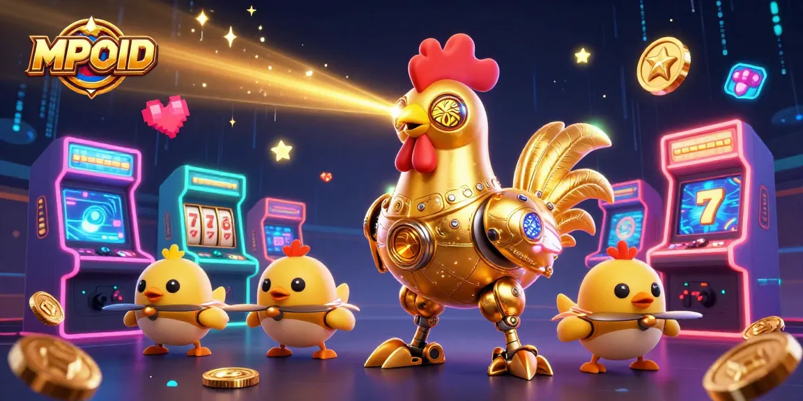 MPOID features a dynamic scene with a golden rooster robot amidst bright arcade games and slot elements.