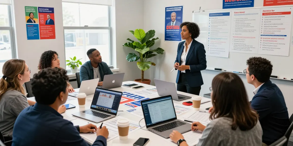Team strategizing marketing for congressional campaigns in vibrant office setting