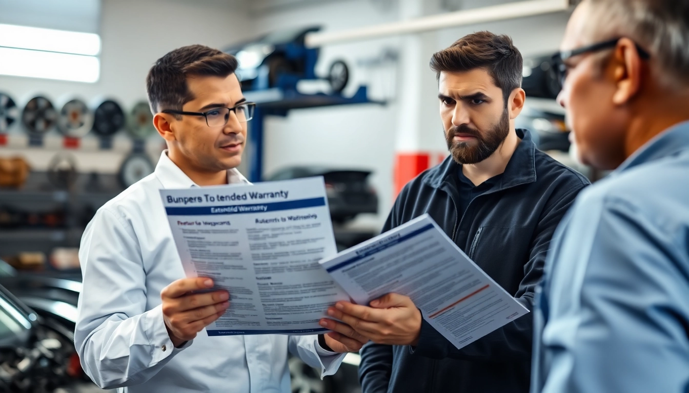 Discussing bumper to bumper extended warranty details with a mechanic in a bright garage.
