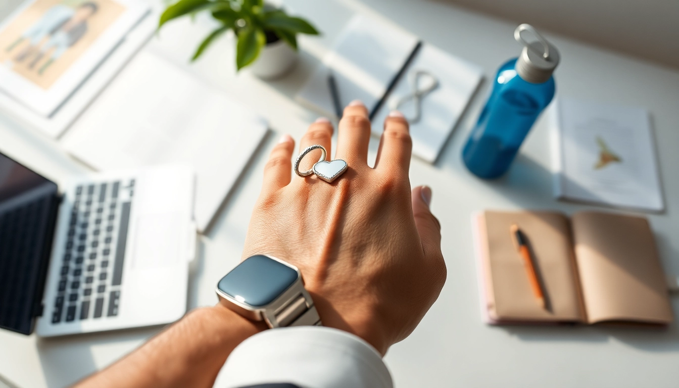 Health Ring displayed on a wrist amidst a wellness workspace, symbolizing active living.