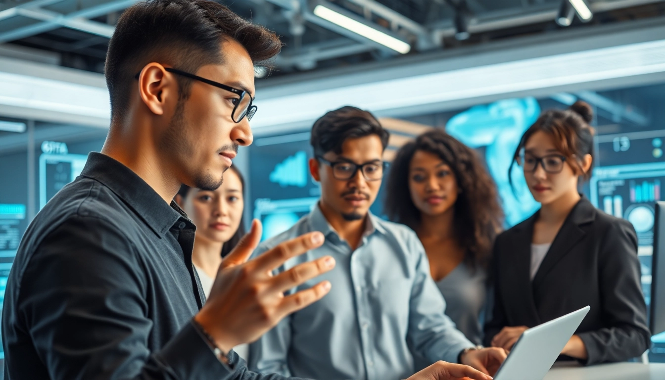 A group interacting with a Human Interface with AI, showcasing technology collaboration in a modern workspace.