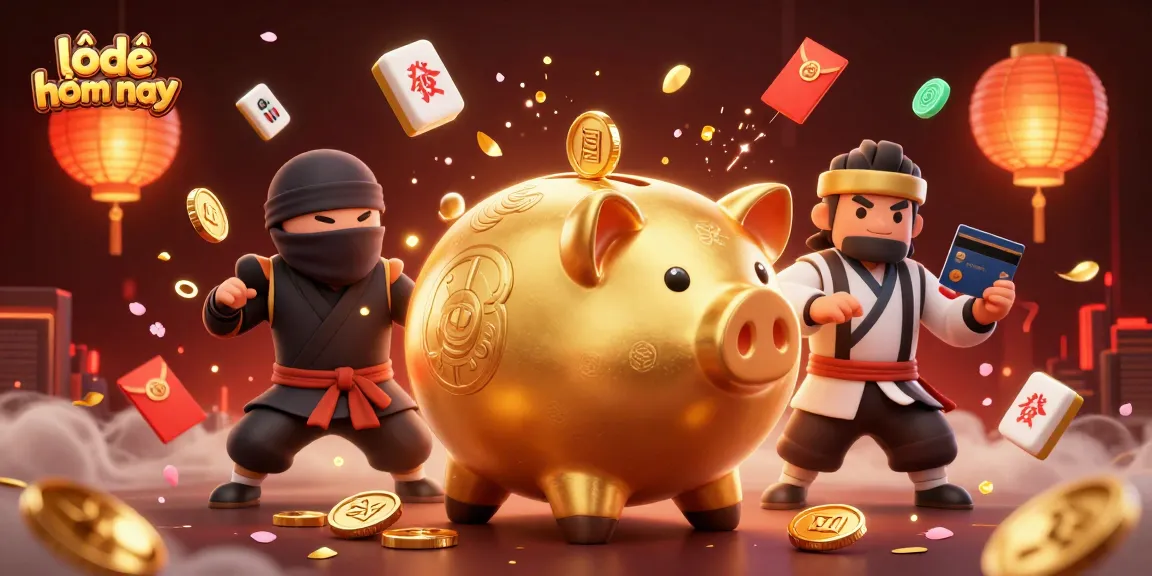 Experience the excitement of lô đề hôm nay with a vibrant 3D casino illustration featuring a golden piggy bank sumo wrestler.