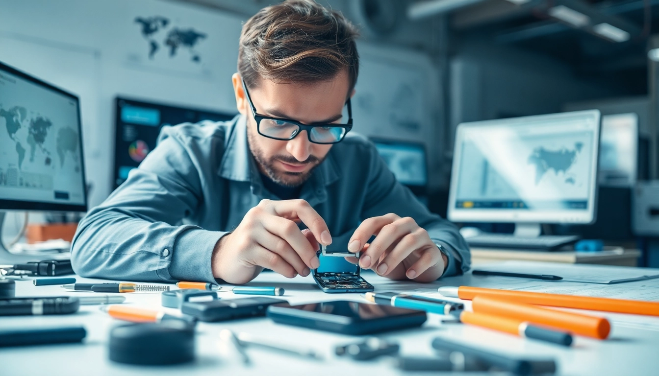 Repair technician assessing damaged phone cash for customers in a bright, organized workspace.