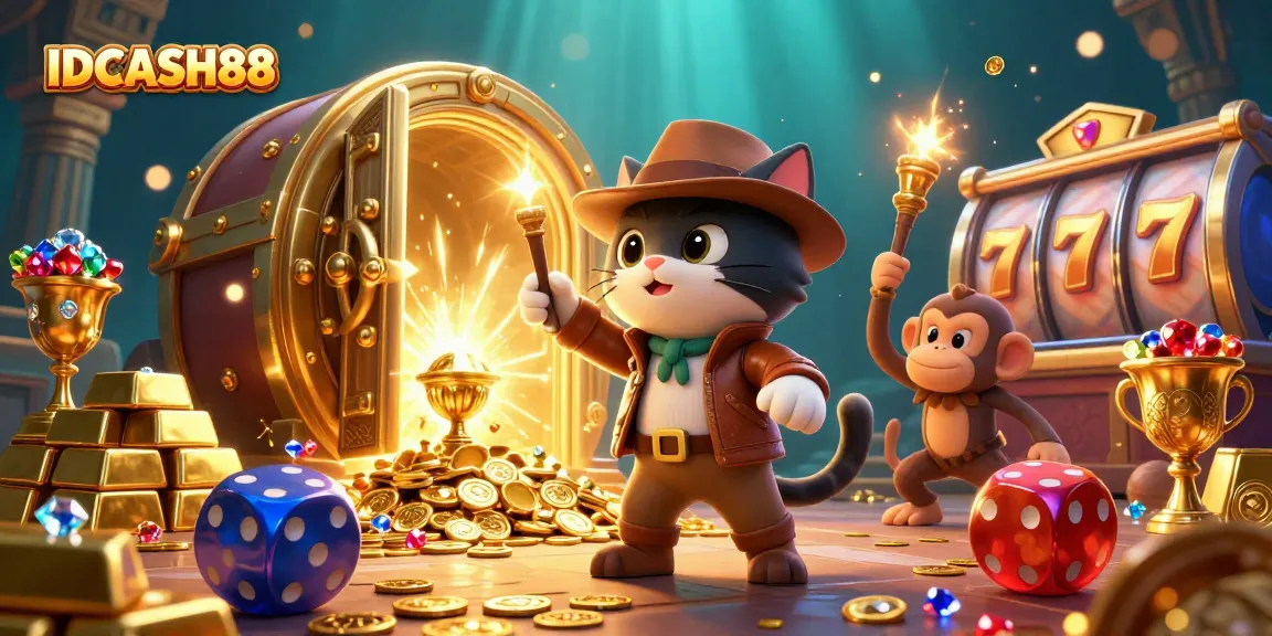 IDCASH88 players enjoy an exhilarating experience exploring a treasure-filled temple while slot reels spin and golden artifacts shine.