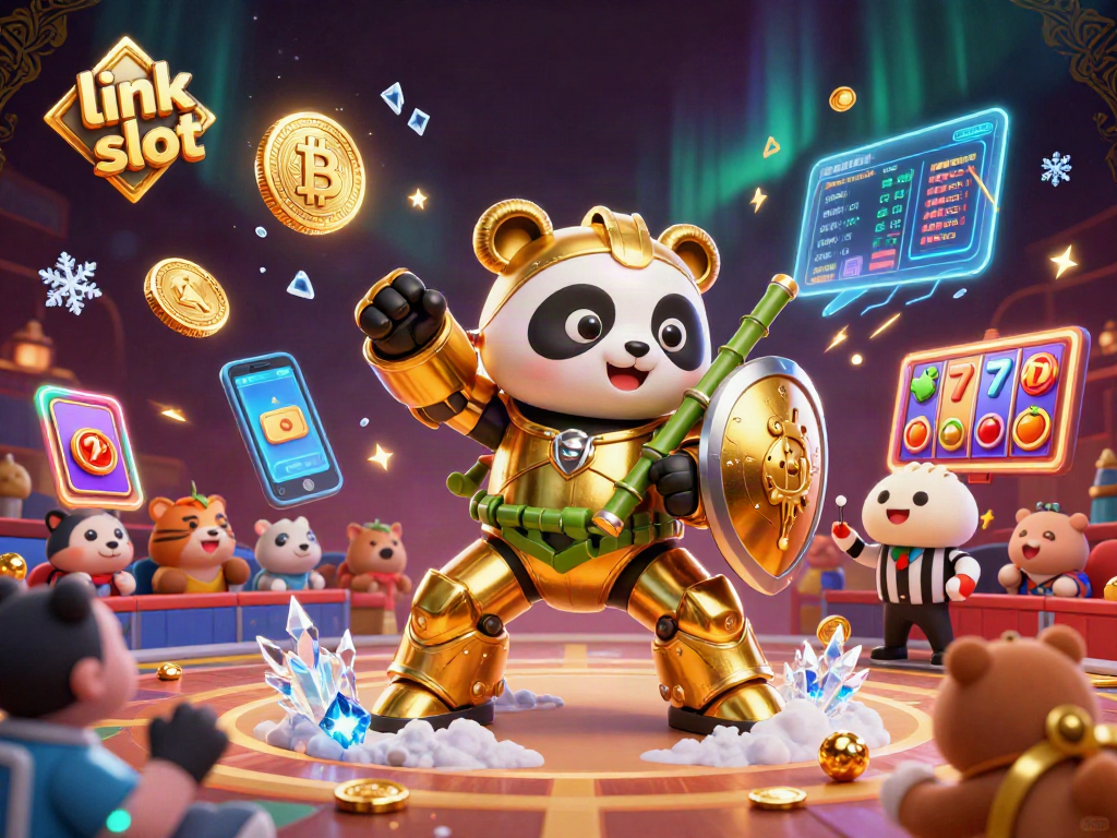 Spin the "link slot" game with a panda in a mech-suit, surrounded by vibrant crypto elements.
