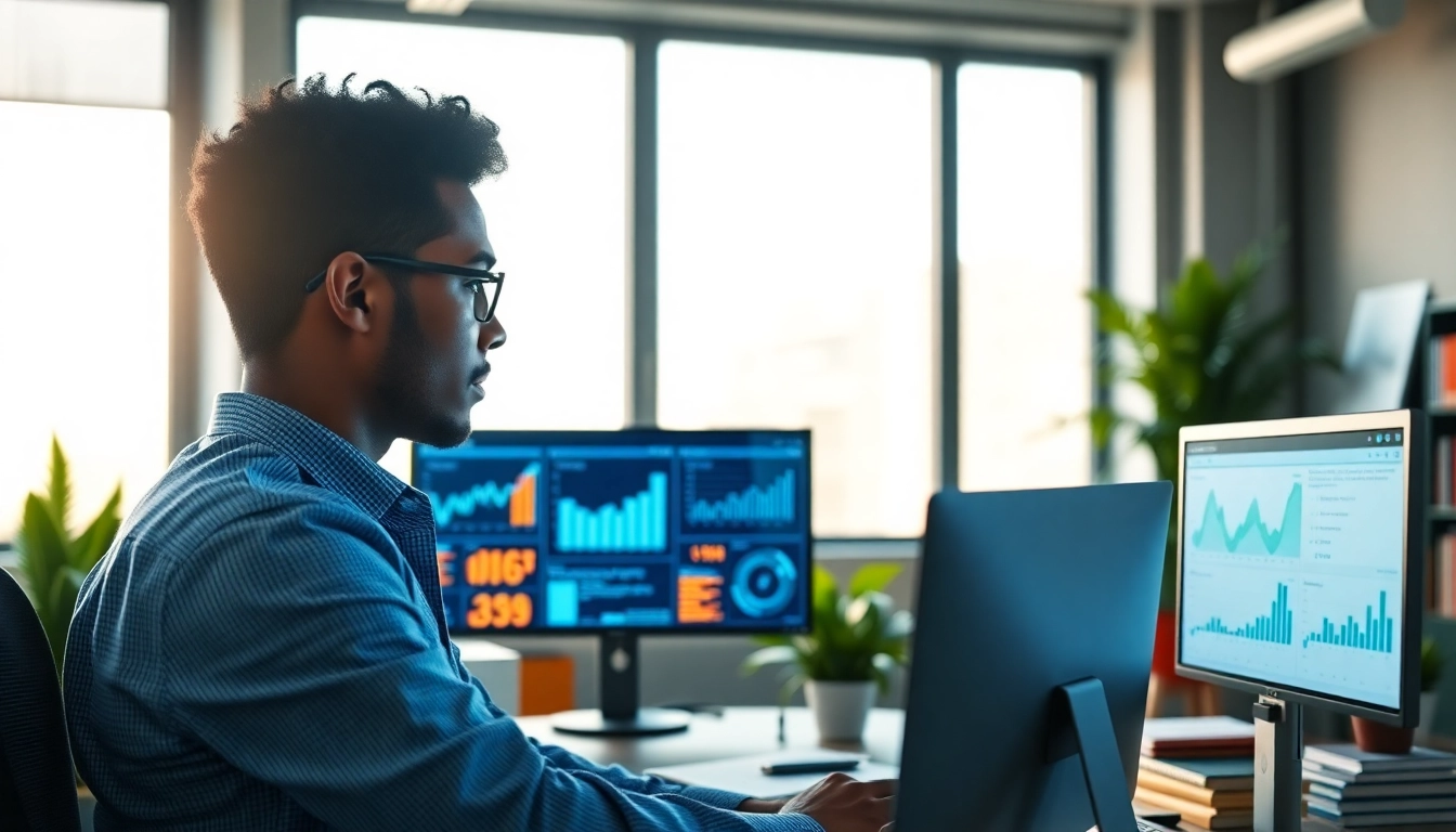 Utilizing AI for competitive intelligence in a modern office setting with data analytics.