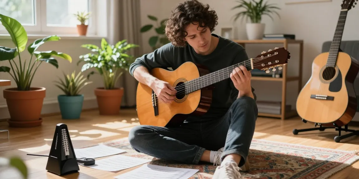 Engaged student in classical guitar lessons online, practicing in a cozy studio.