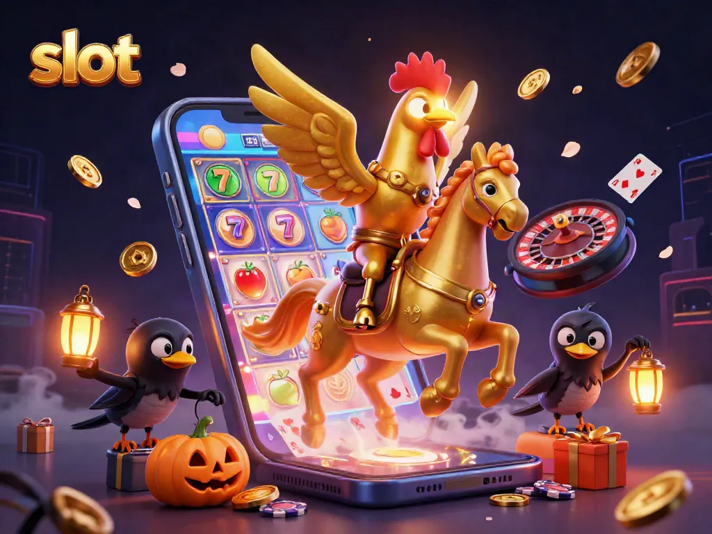 Engage in thrilling slot action with a golden rooster in a mystical casino setting.