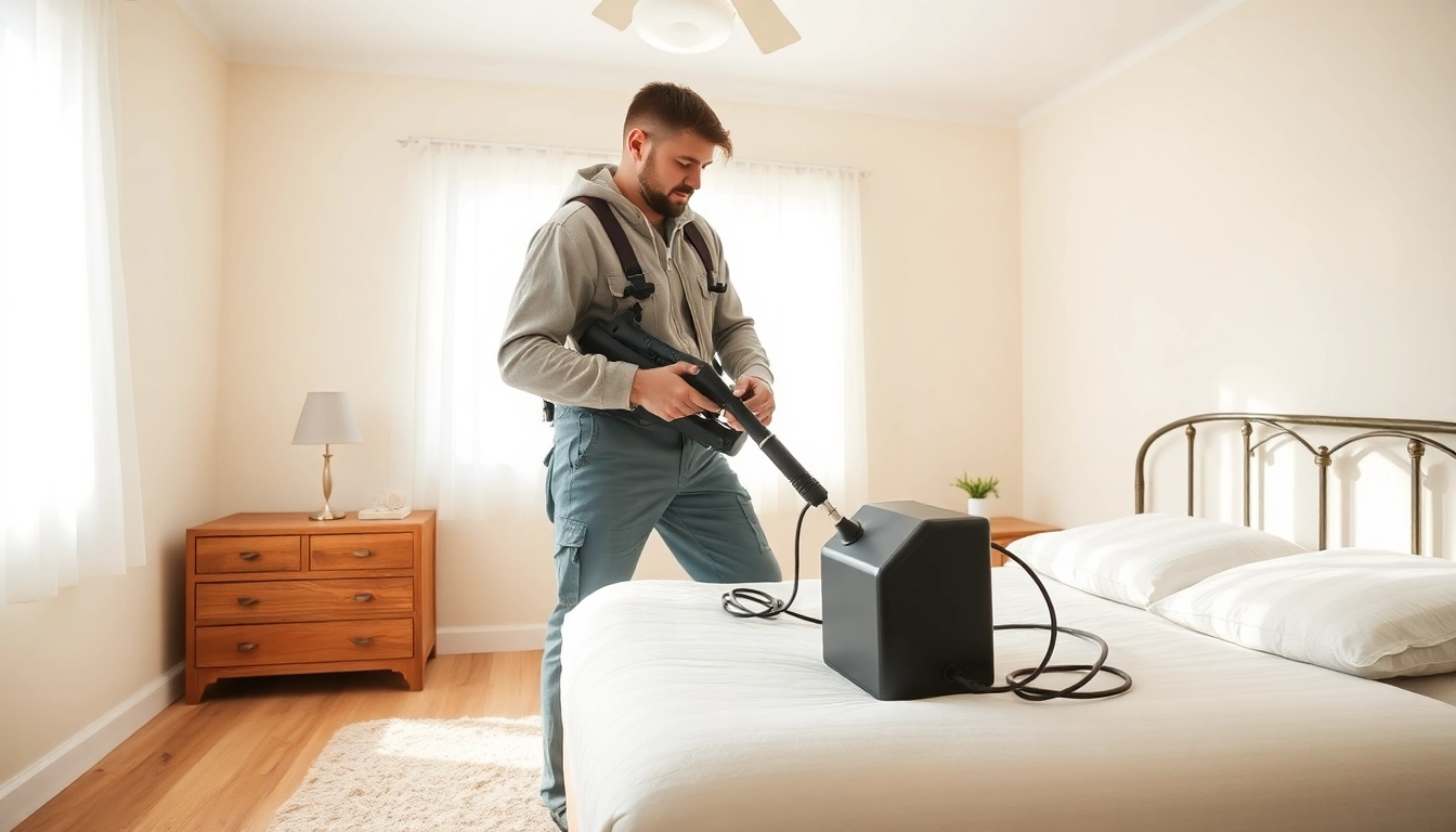 Technician performing bed bug removal using heat treatment in a clean bedroom setting.