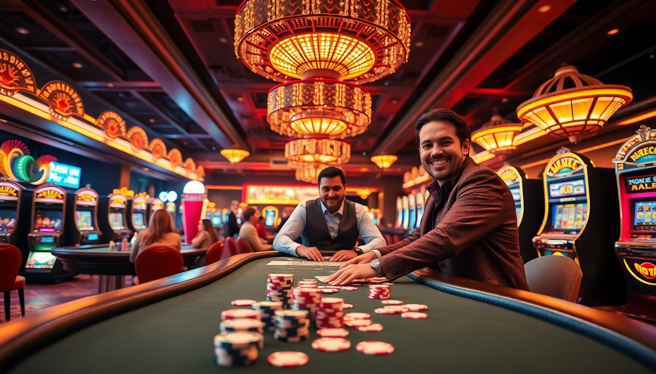 Engage with enticing welcome bonuses in a lively casino setting featuring vibrant lights and friendly dealers.