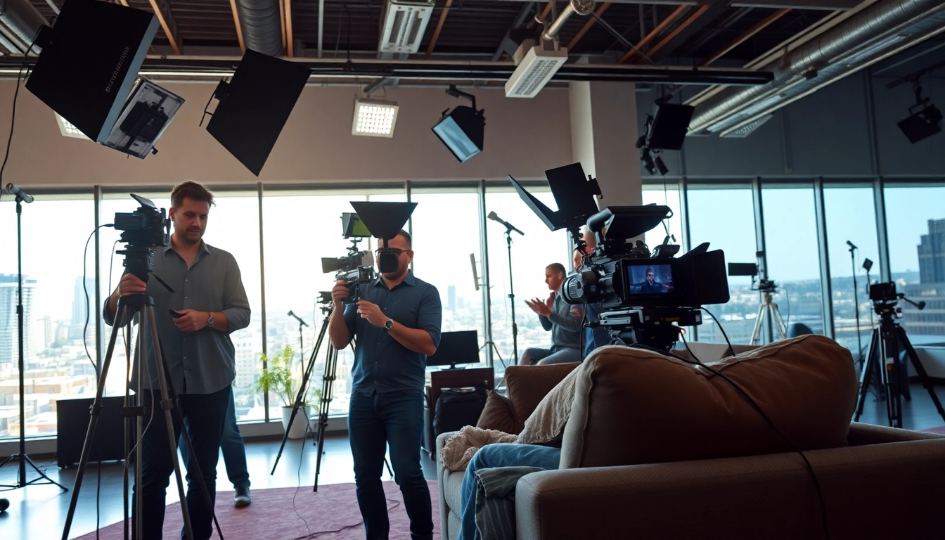 Engaged professionals in Edmonton production companies collaborating on a creative film project.