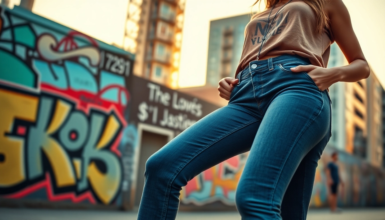 Model wearing womens slim tapered jeans in a vibrant city setting, showcasing style and comfort.