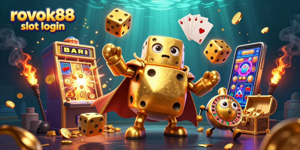 Experience excitement with the rokok88 slot login in this dynamic casino illustration featuring golden dice and jackpots.