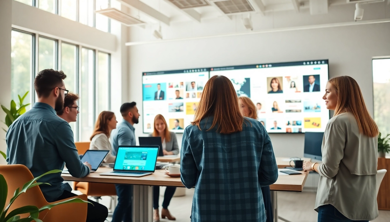 Showcasing a creative team at a web design company collaborating on vibrant projects.
