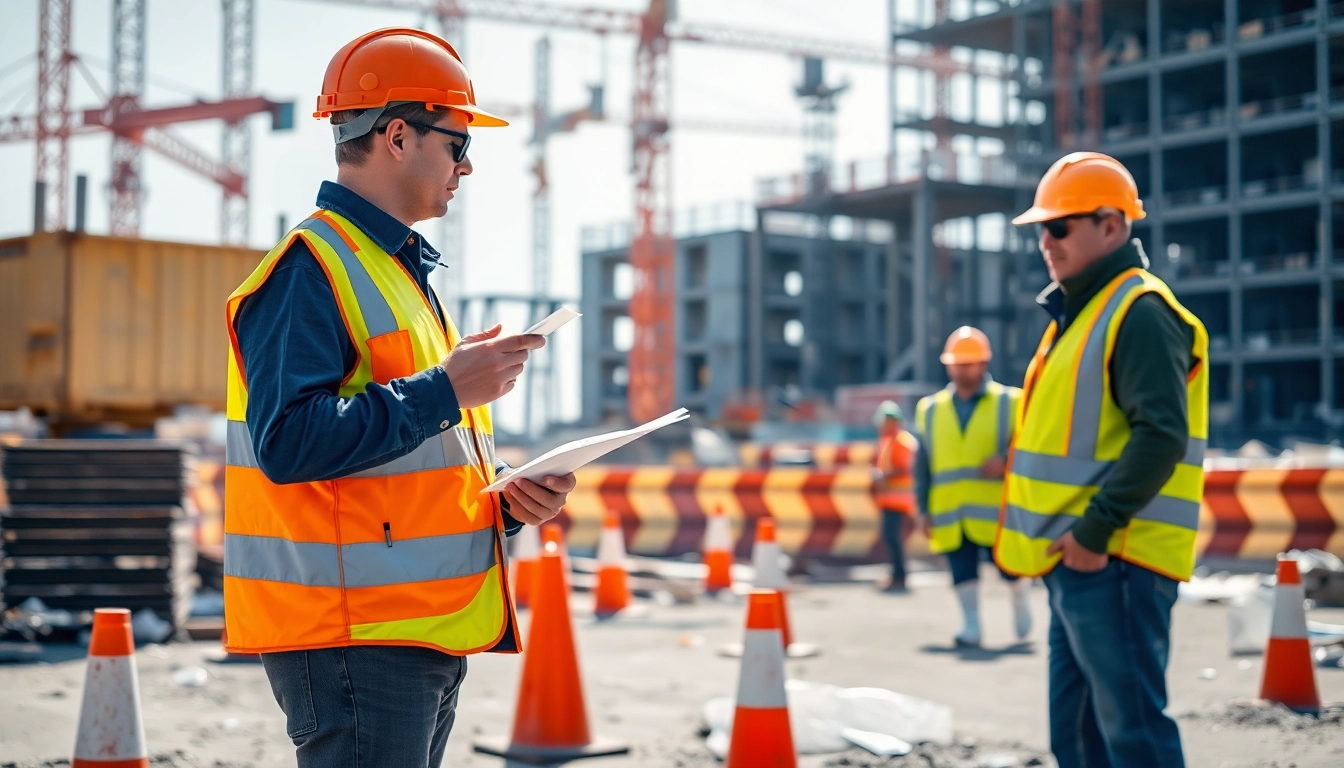 Enhance construction site safety with workers verifying safety protocols and protective gear.