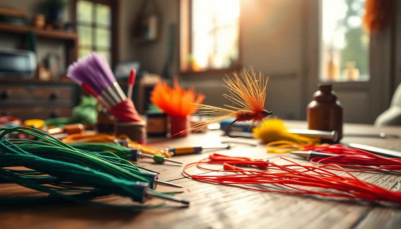 Tying colorful flies for fishing using various tools and materials in a crafting space.