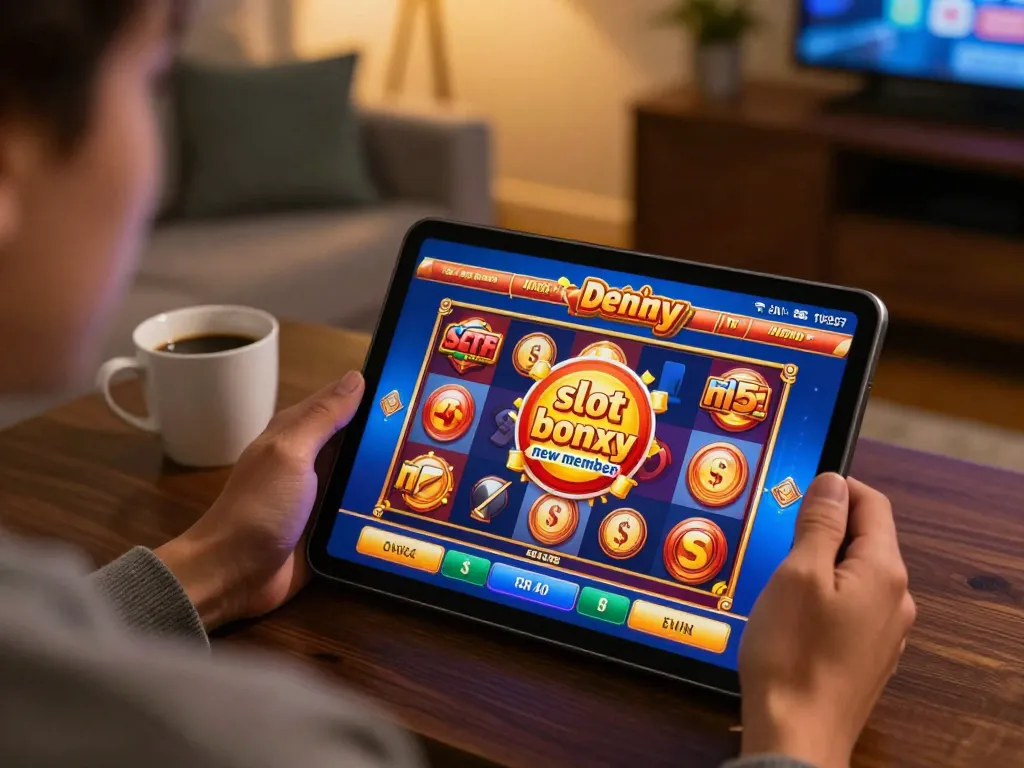Engage in online gaming with 'slot bonus new member' offer displayed during a cozy home session.
