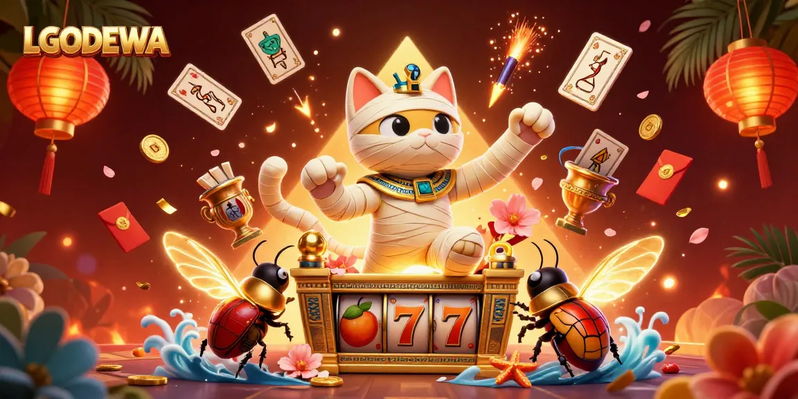 Experience winning thrills with LGODEWA as a 3D cartoon mummy cat joins a vibrant casino scene filled with jackpots.