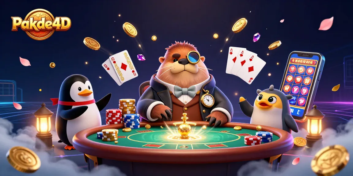 Pakde4D showcases a lively gambling scene with a walrus, a penguin dealer, and a bluffing pufferfish.