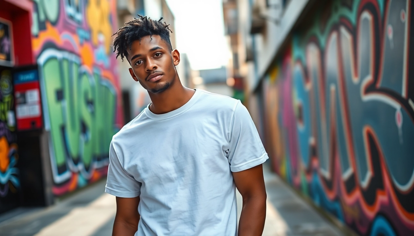 Model wearing the best blank t shirts in a vibrant urban setting, showcasing style and comfort.