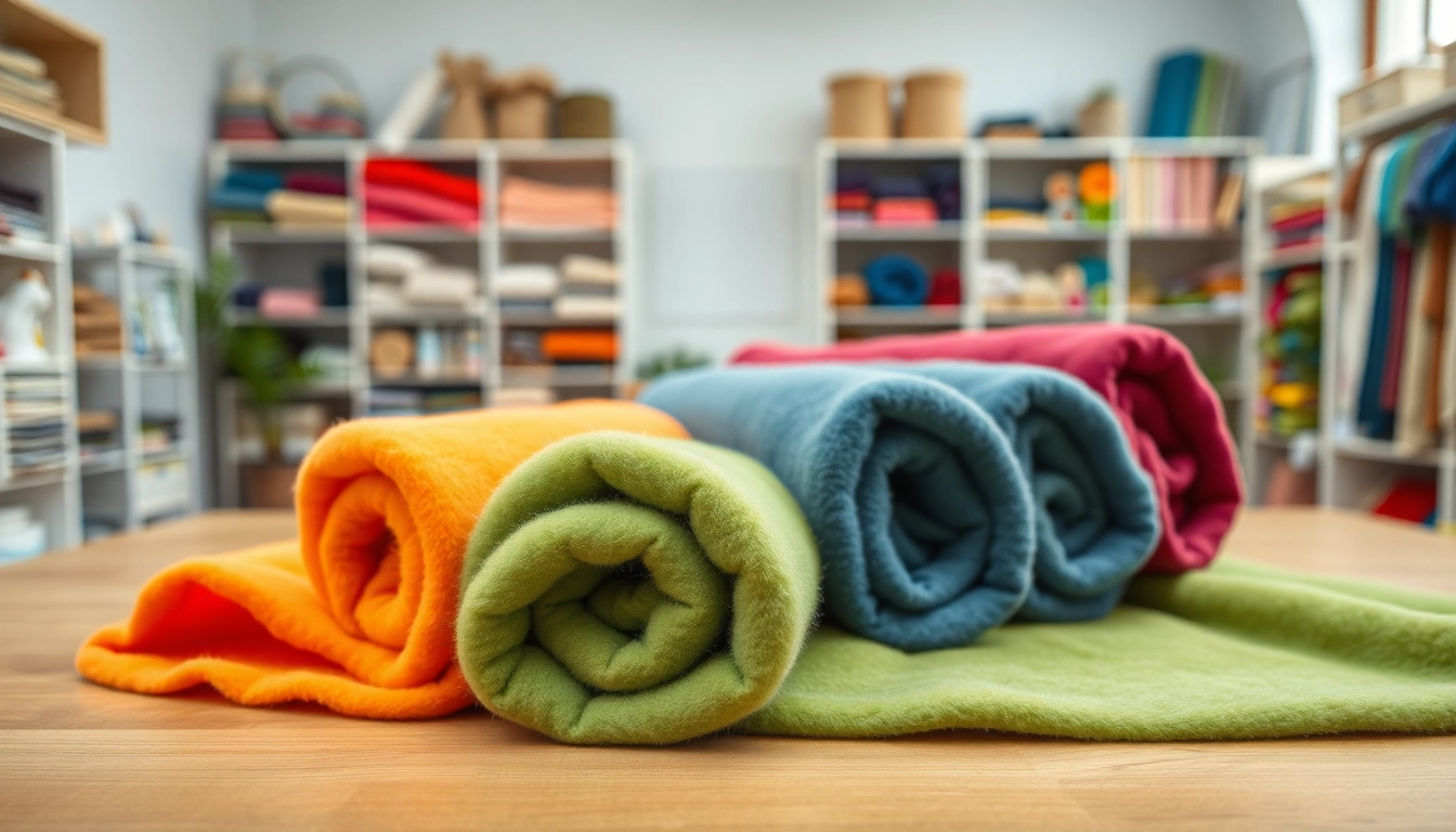 Bekijk fleece stof per meter in verschillende kleuren en texturen, prachtig uitgestald op een houten tafel.